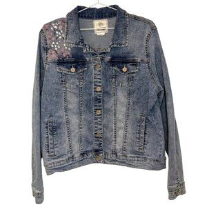 Dolcezza floral and pearl embellishment jean jacket blue women's size L